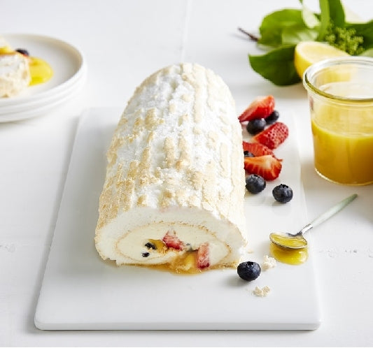 Pavlova Roll with Lemon Curd & Seasonal Fruits