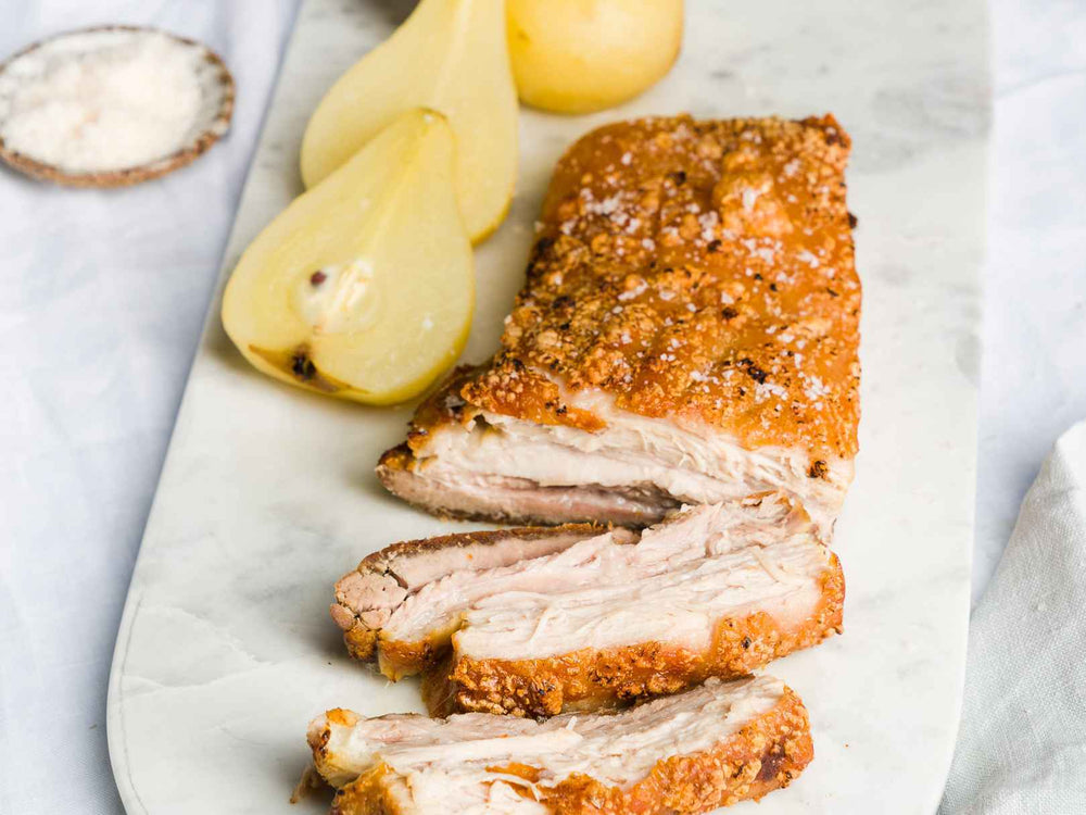 Crispy Pork Belly with Poached Pears