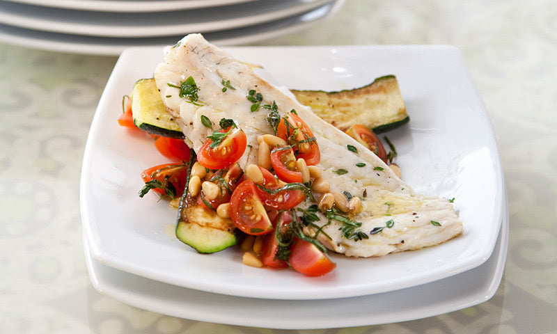 Barbecued Snapper Fillets Pine Nuts Cherry Tomatoes