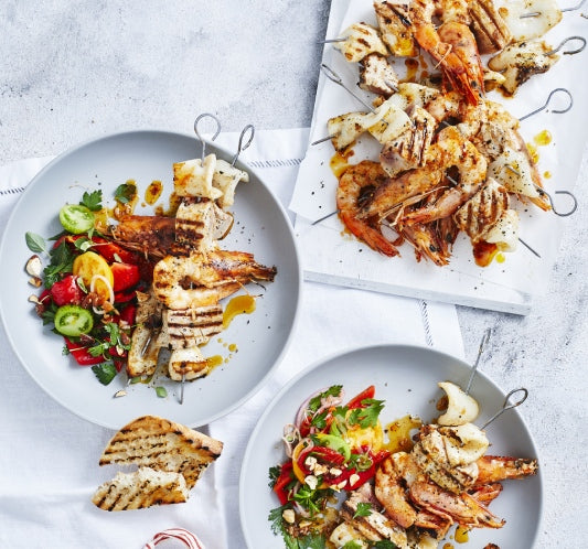 Chilli & Herb Seafood Skewers with Romesco Salad