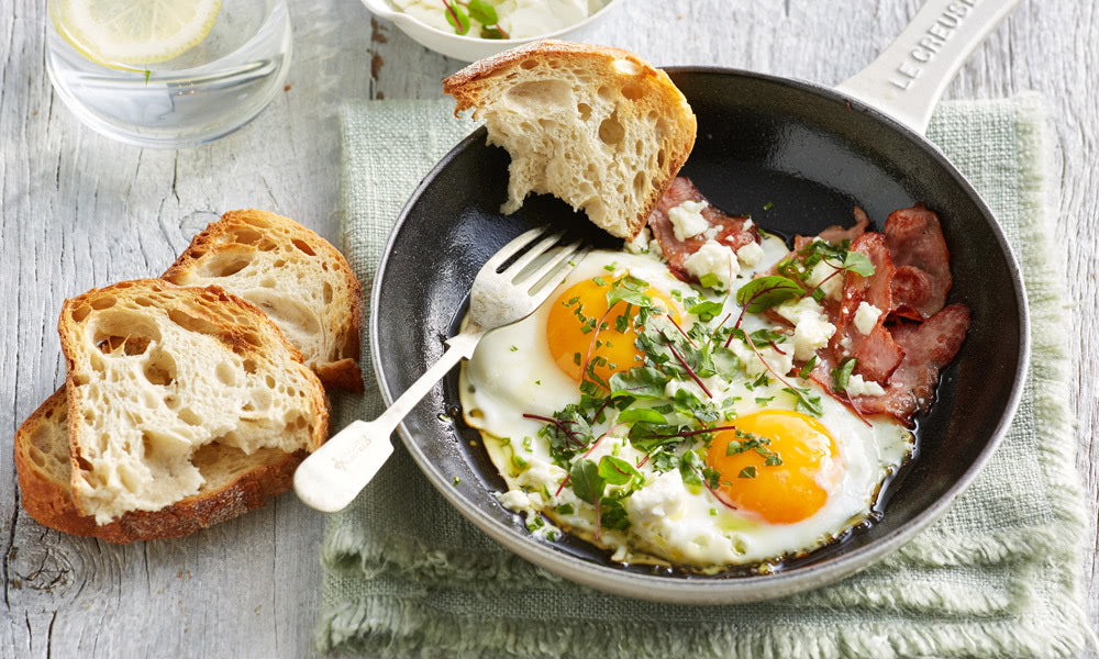 Fried Eggs with Ham, Feta and Herbs