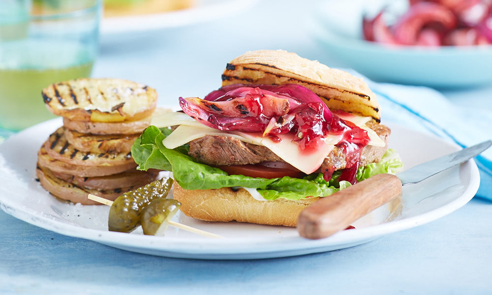 Steak Sandwich with Grilled Onion Beetroot Relish