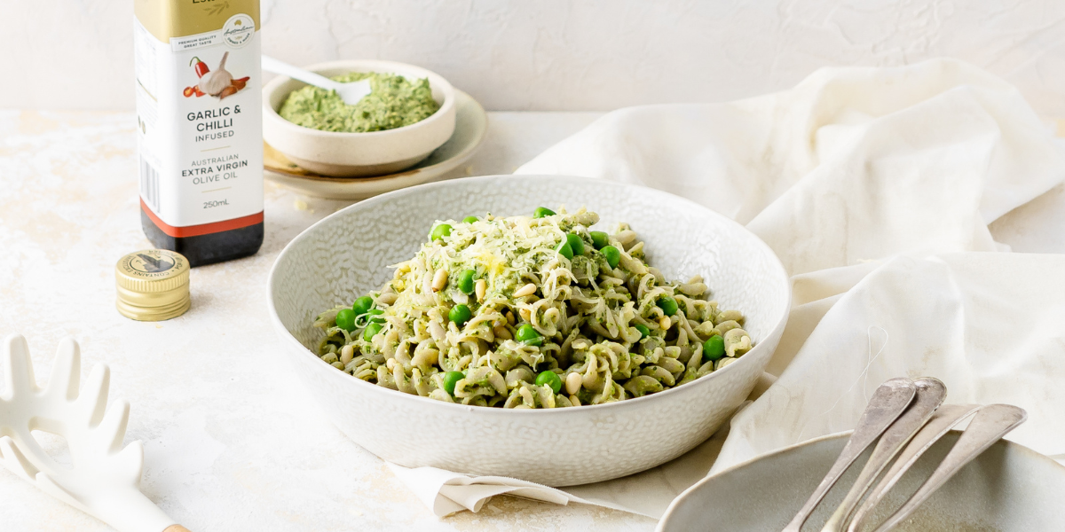 Garlic & Chilli Pea Pesto Pasta Cobram Estate AU