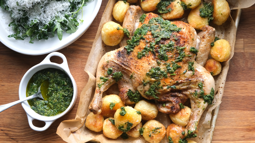 Spatchcock Chicken with Crispy Golden Potatoes and Herb Salsa Verde