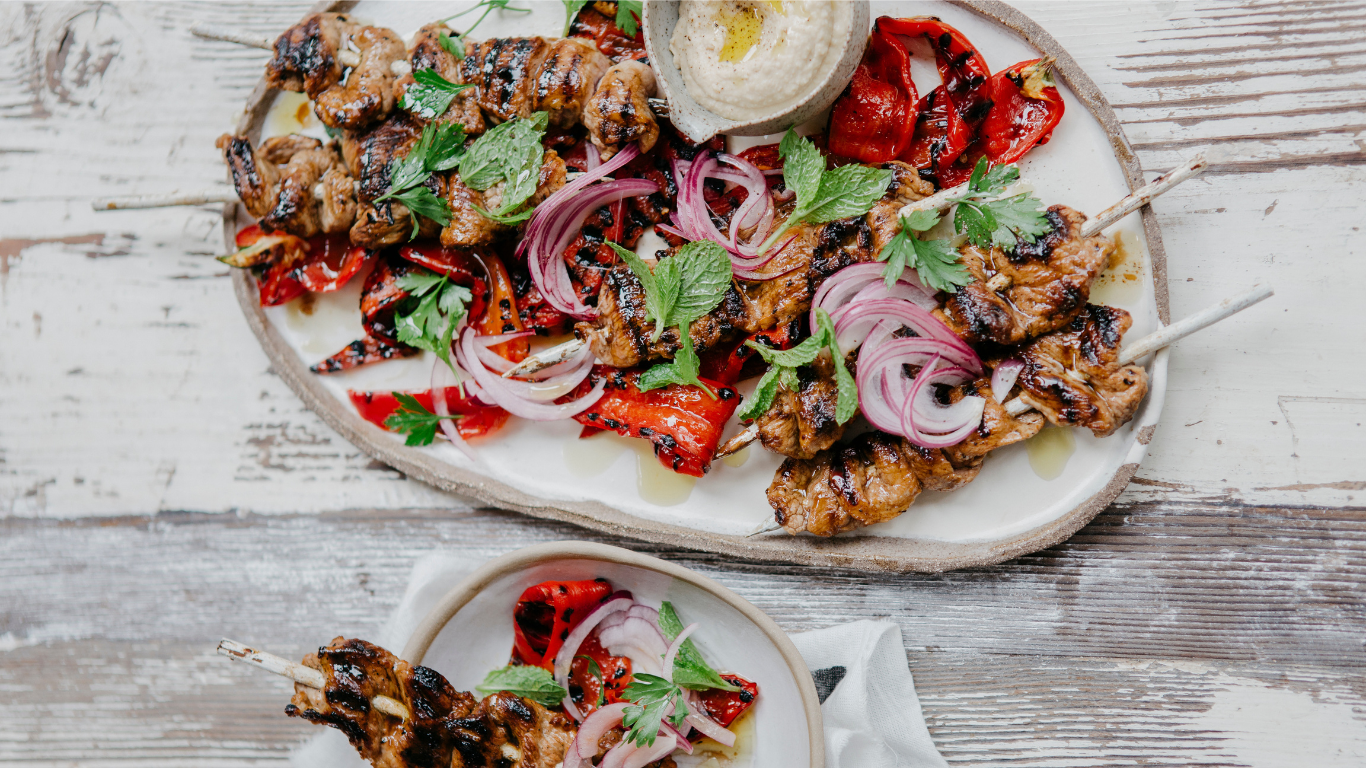 Pork Skewers with Miso Hummus