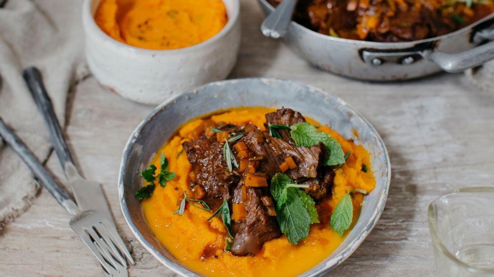 Braised Beef Cheeks with Minted Carrot Puree