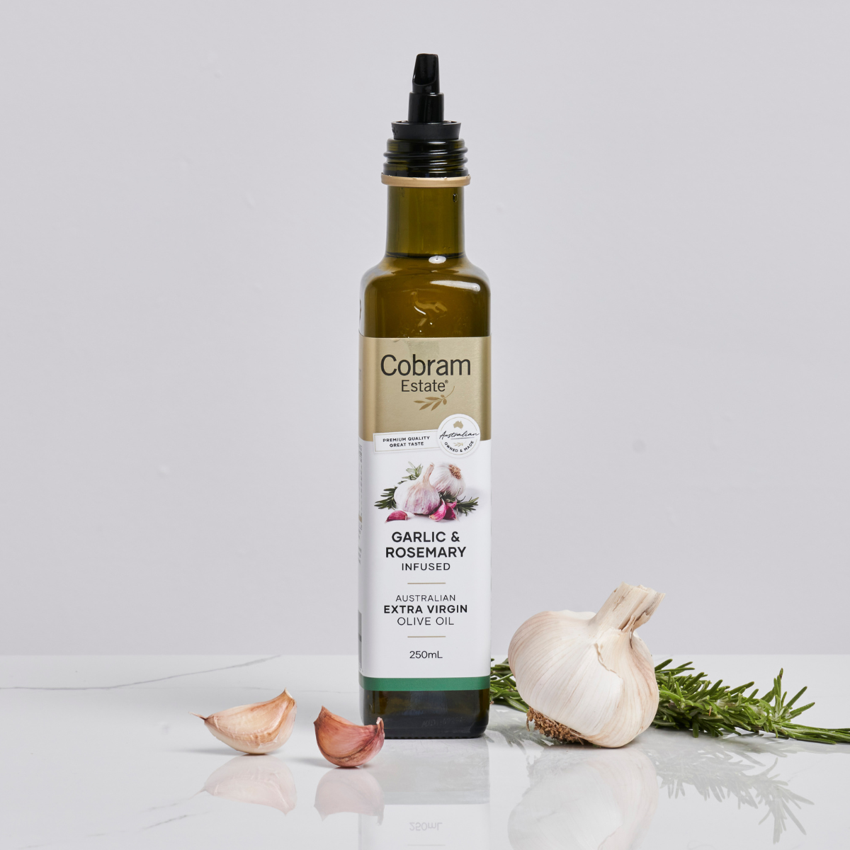 
                  
                    250ml Garlic rosemary-infused olive oil bottle | Extra Virgin Olive Oil | Cobram Estate AU
                  
                